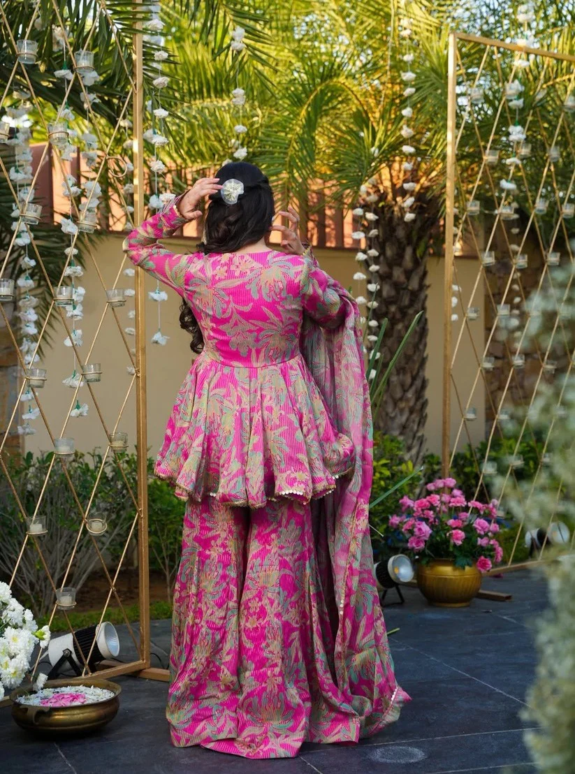 Anshika Regal Blossom Pink & Sage Green Peplum Palazzo Set - Image 3