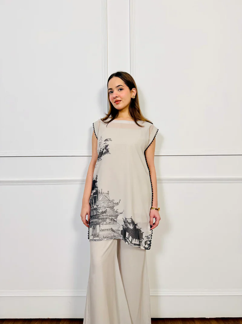 Bidipta Soft Beige Designer Printed Kurta with Palazzo - Image 3