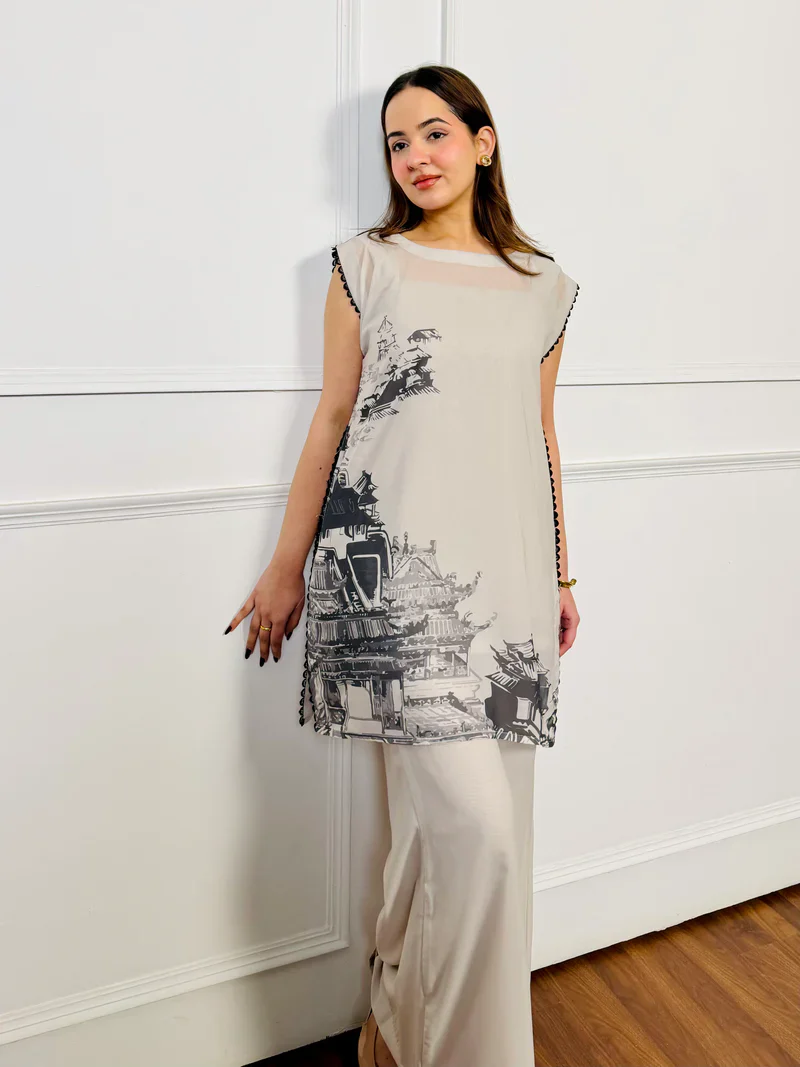 Bidipta Soft Beige Designer Printed Kurta with Palazzo - Image 5