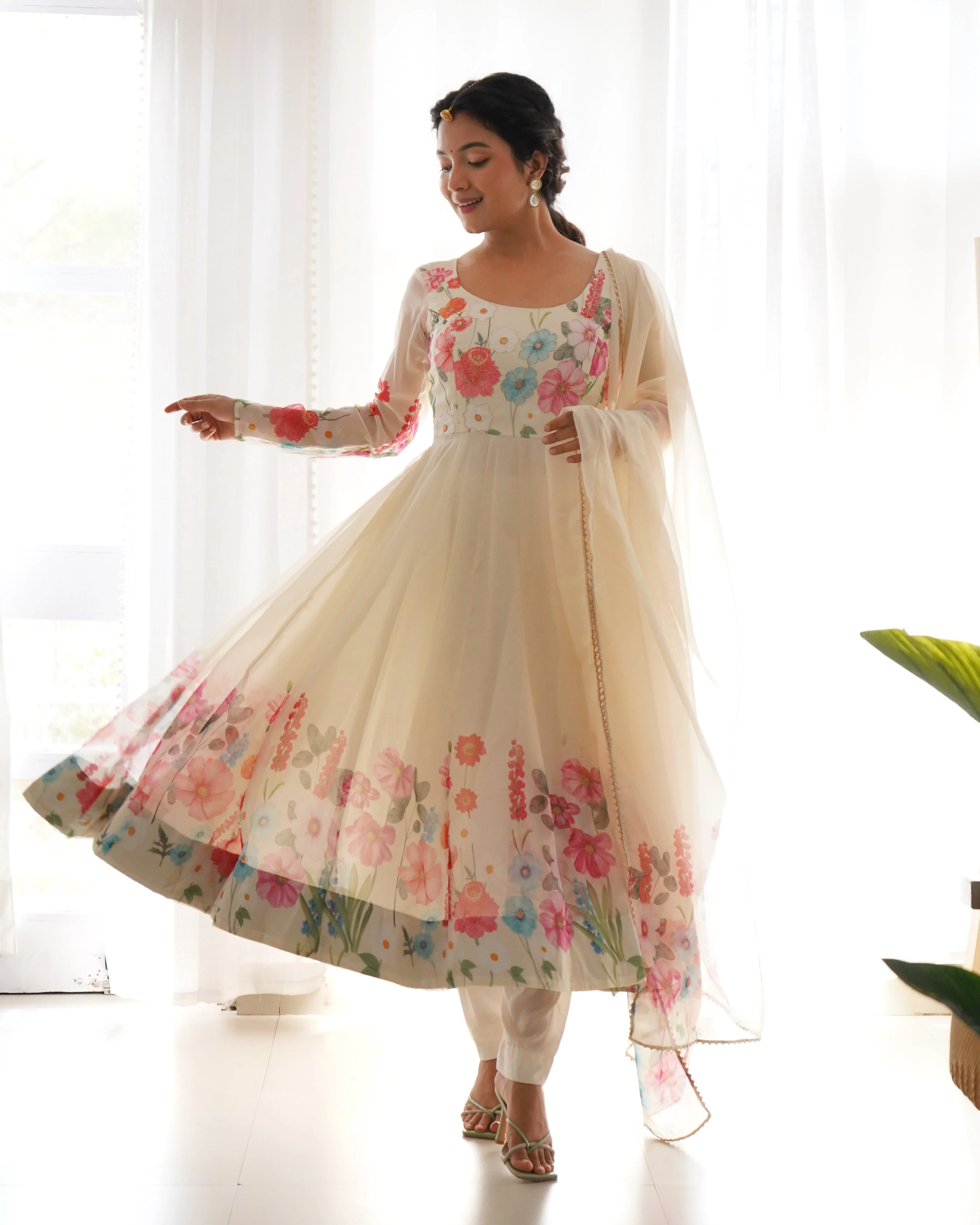 Ethereal Charm Soft Floral Organza Anarkali With Dupatta And Pant - Image 12