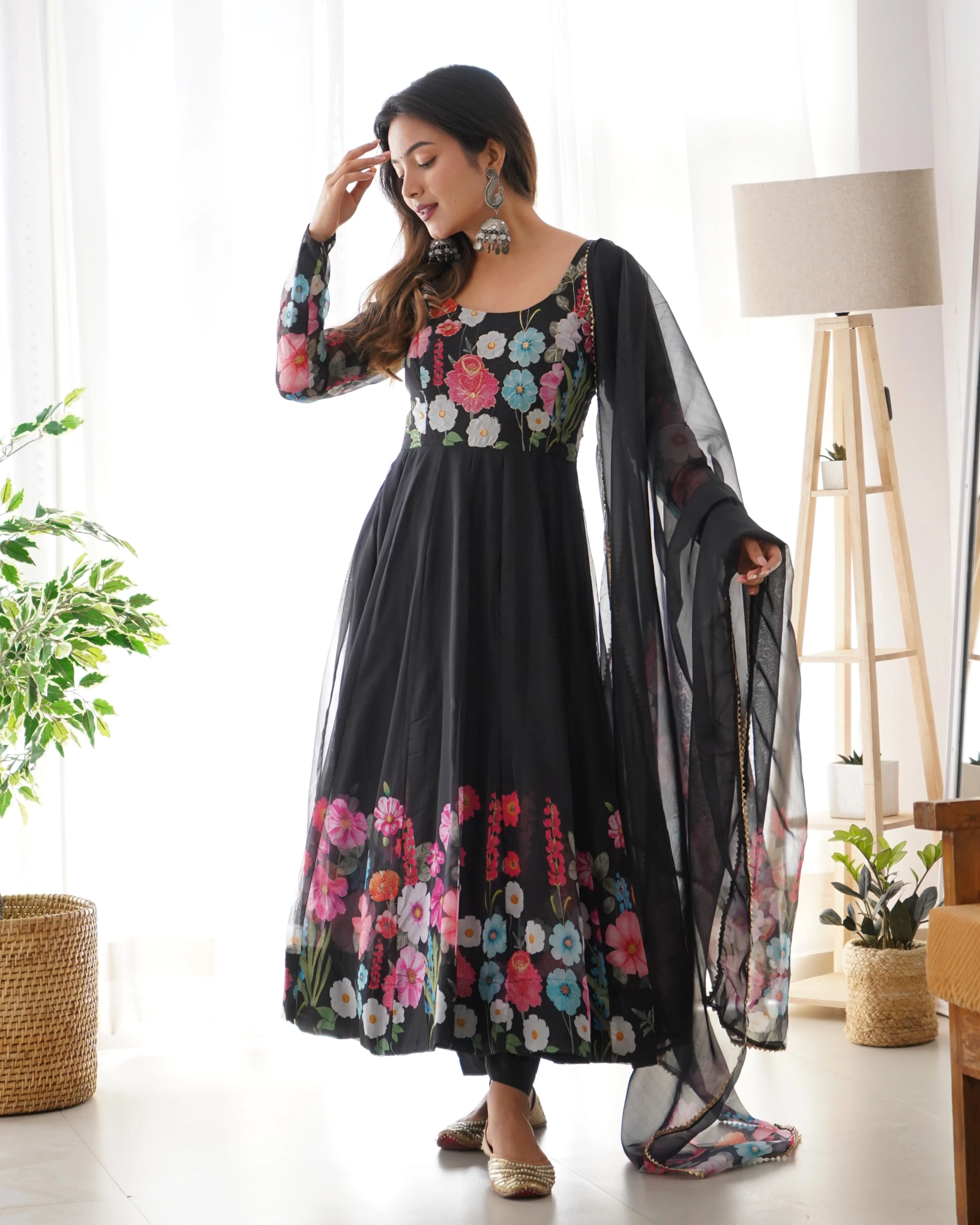 Ethereal Charm Soft Floral Organza Anarkali With Dupatta And Pant - Image 4