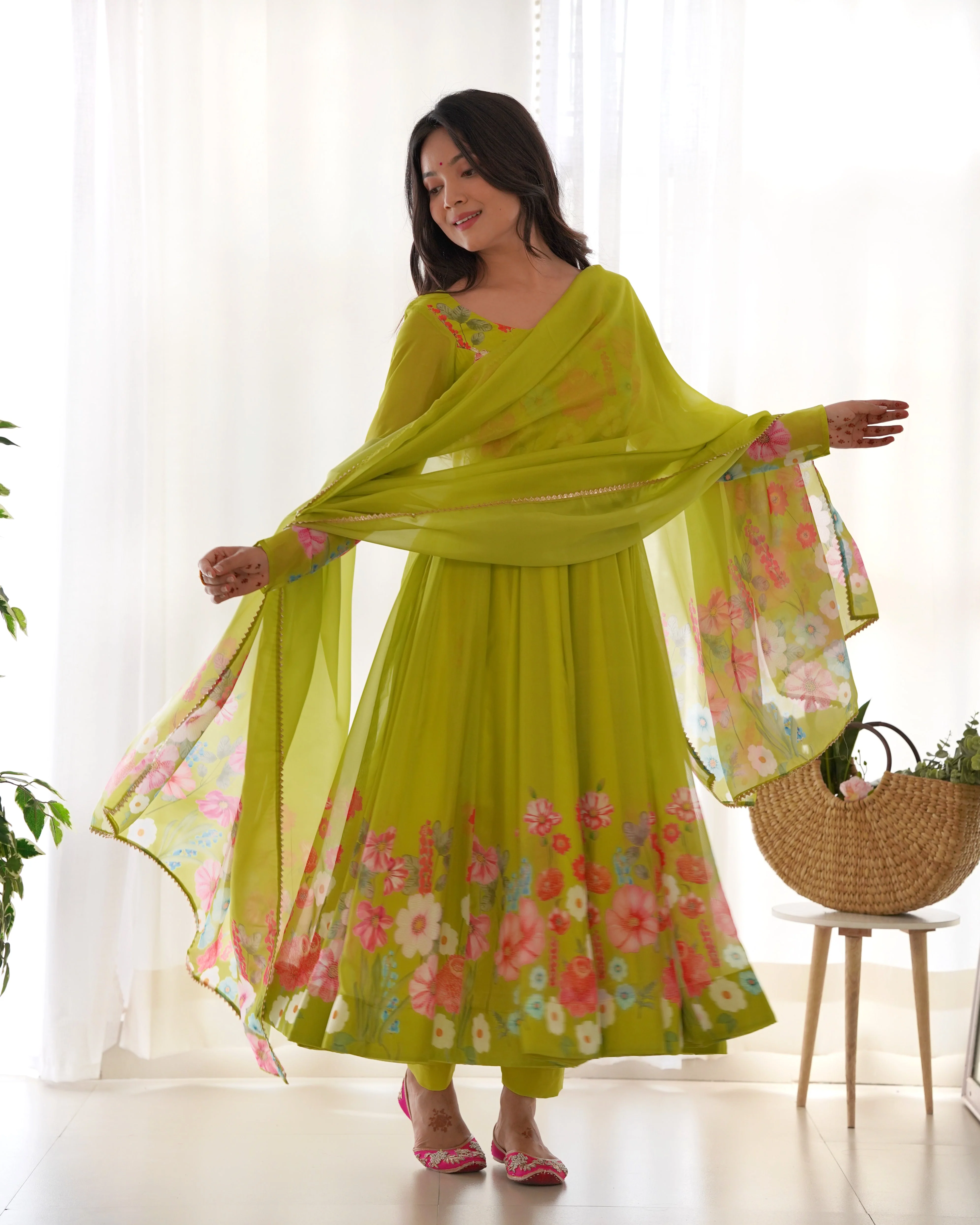 Ethereal Charm Soft Floral Organza Anarkali With Dupatta And Pant - Image 6