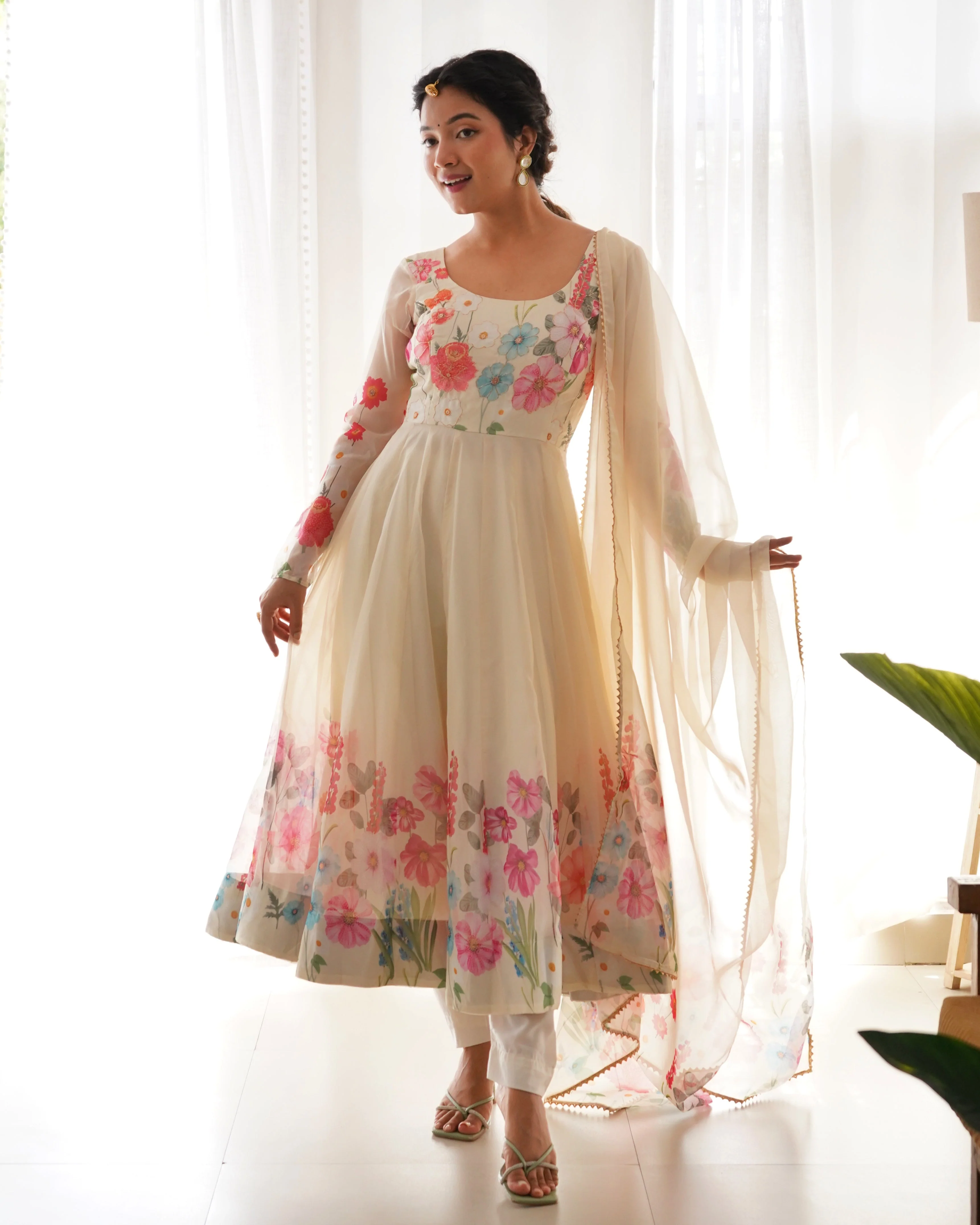 Ethereal Charm Soft Floral Organza Anarkali With Dupatta And Pant - Image 9