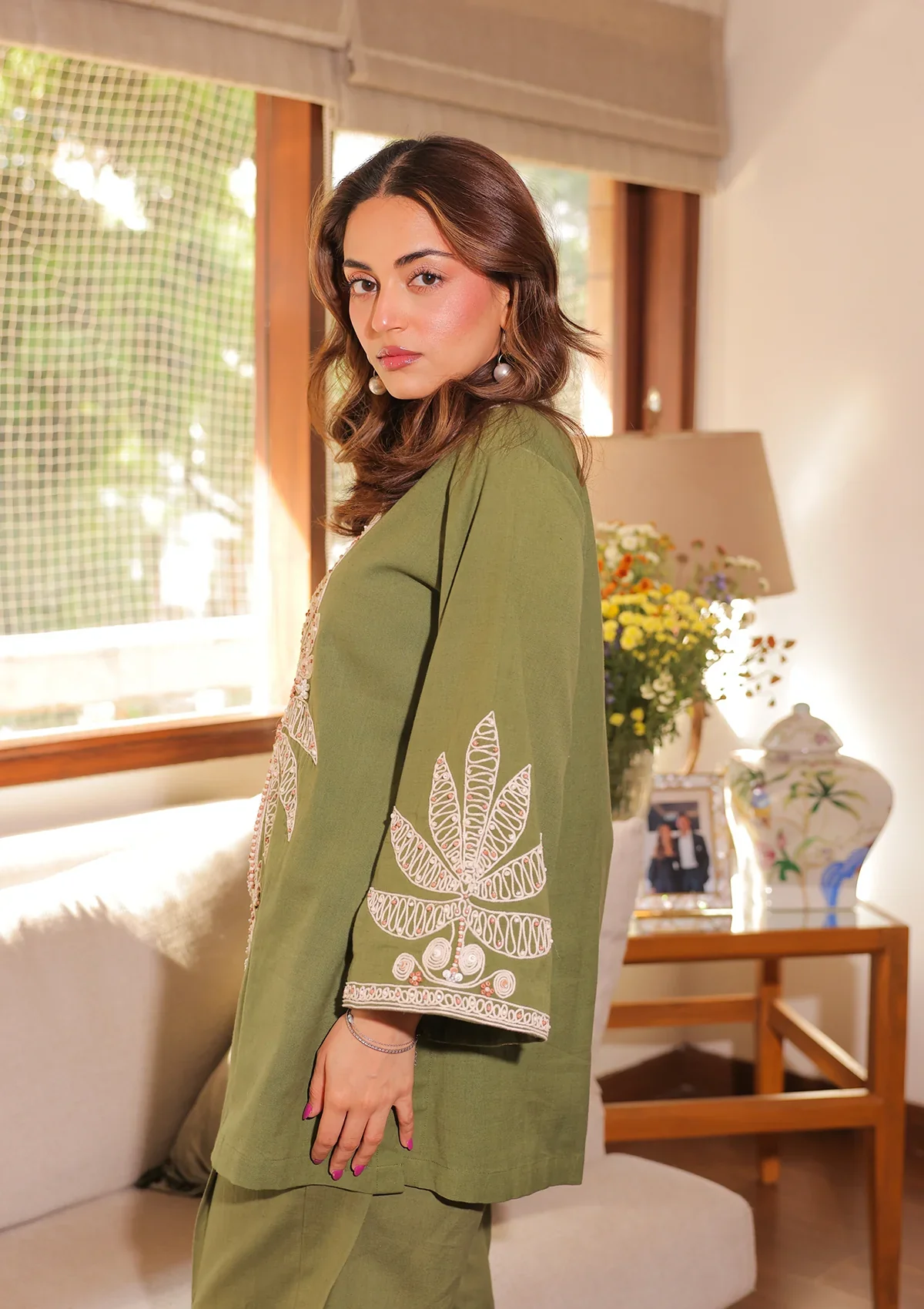 Olive Green Embroidered Co-ord Set - Image 3