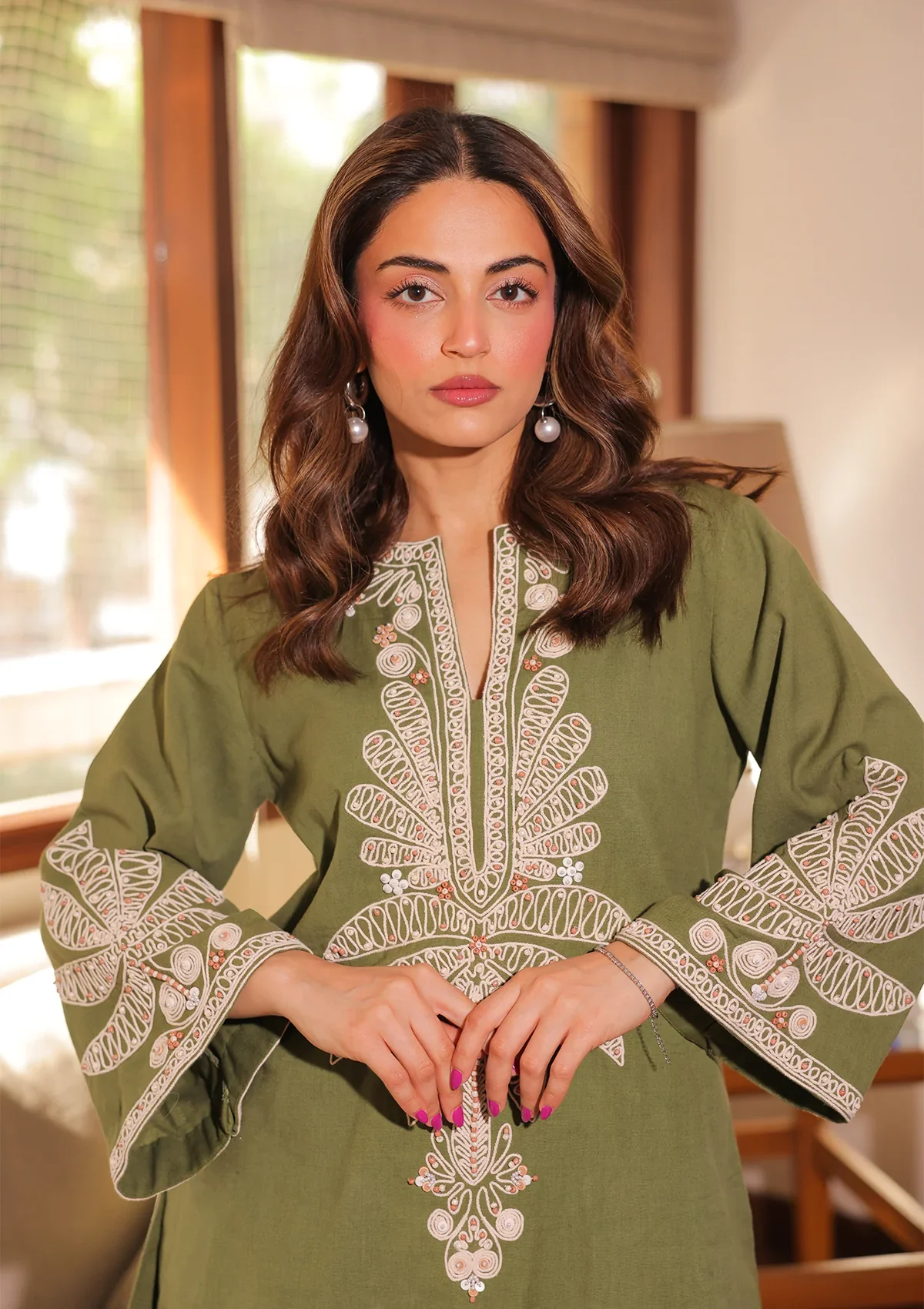 Olive Green Embroidered Co-ord Set - Image 5