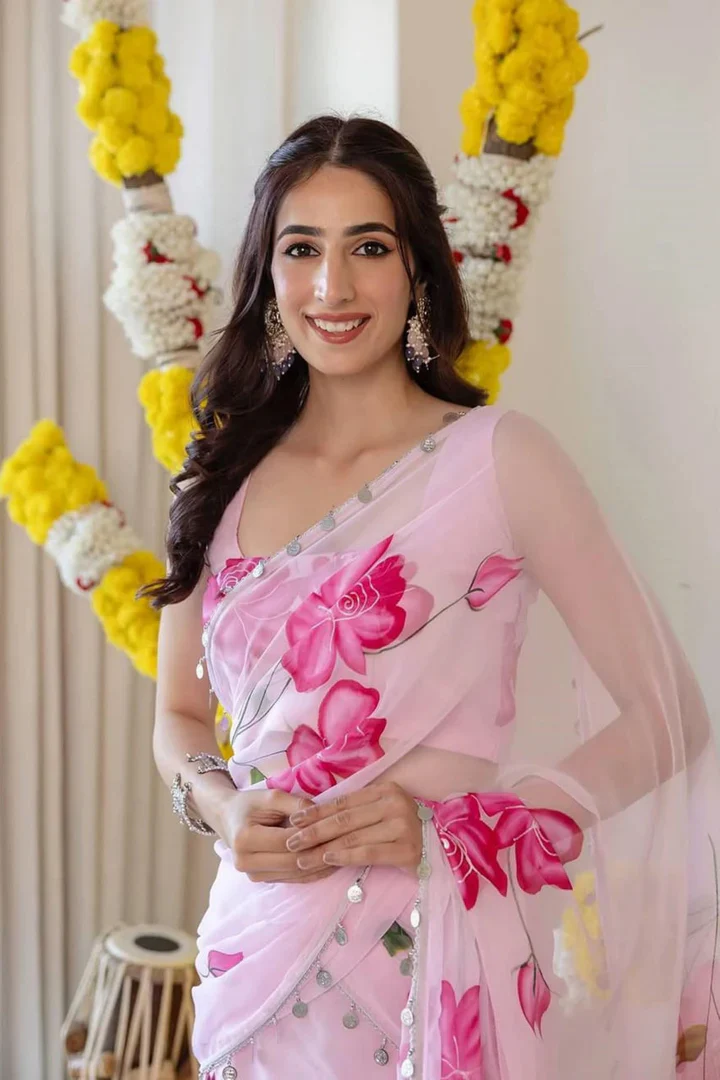 Pink Pre-Draped Saree - Image 3