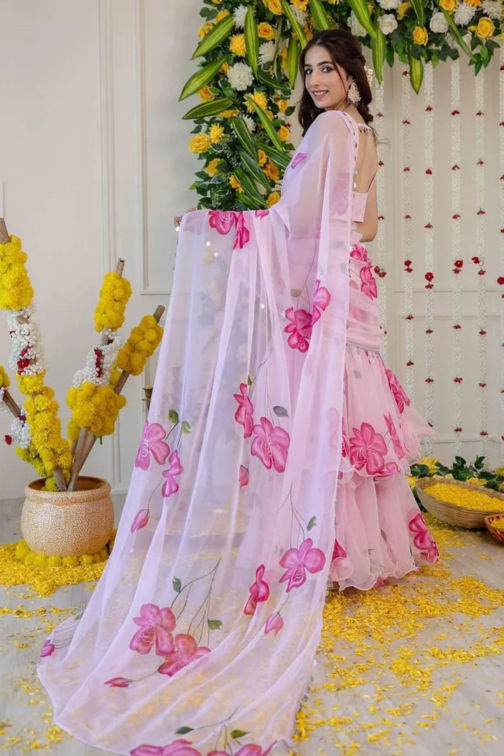 Pink Pre-Draped Saree - Image 4