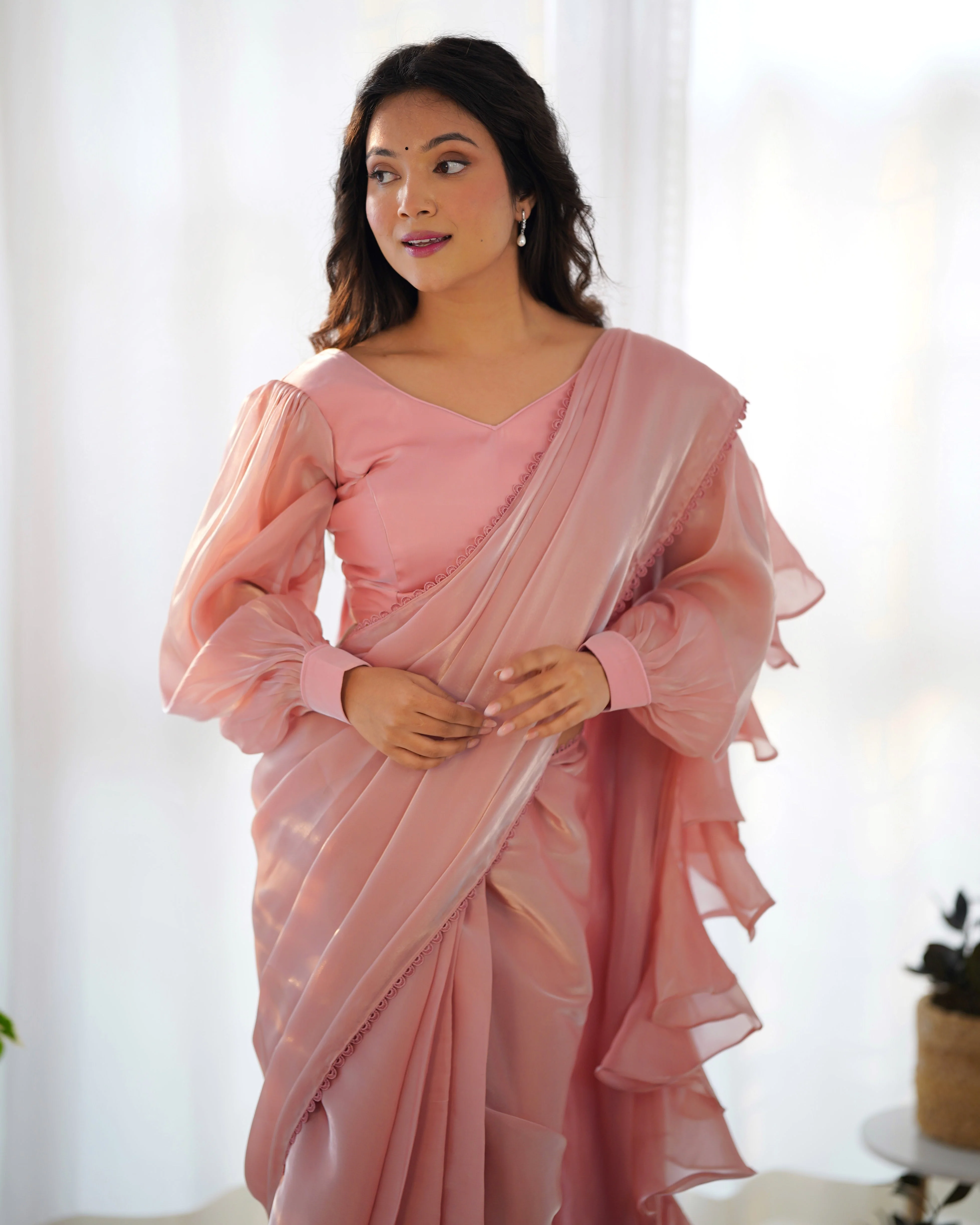 Peach With Premium Quality Jimmy Choo Organja Saree - Image 3