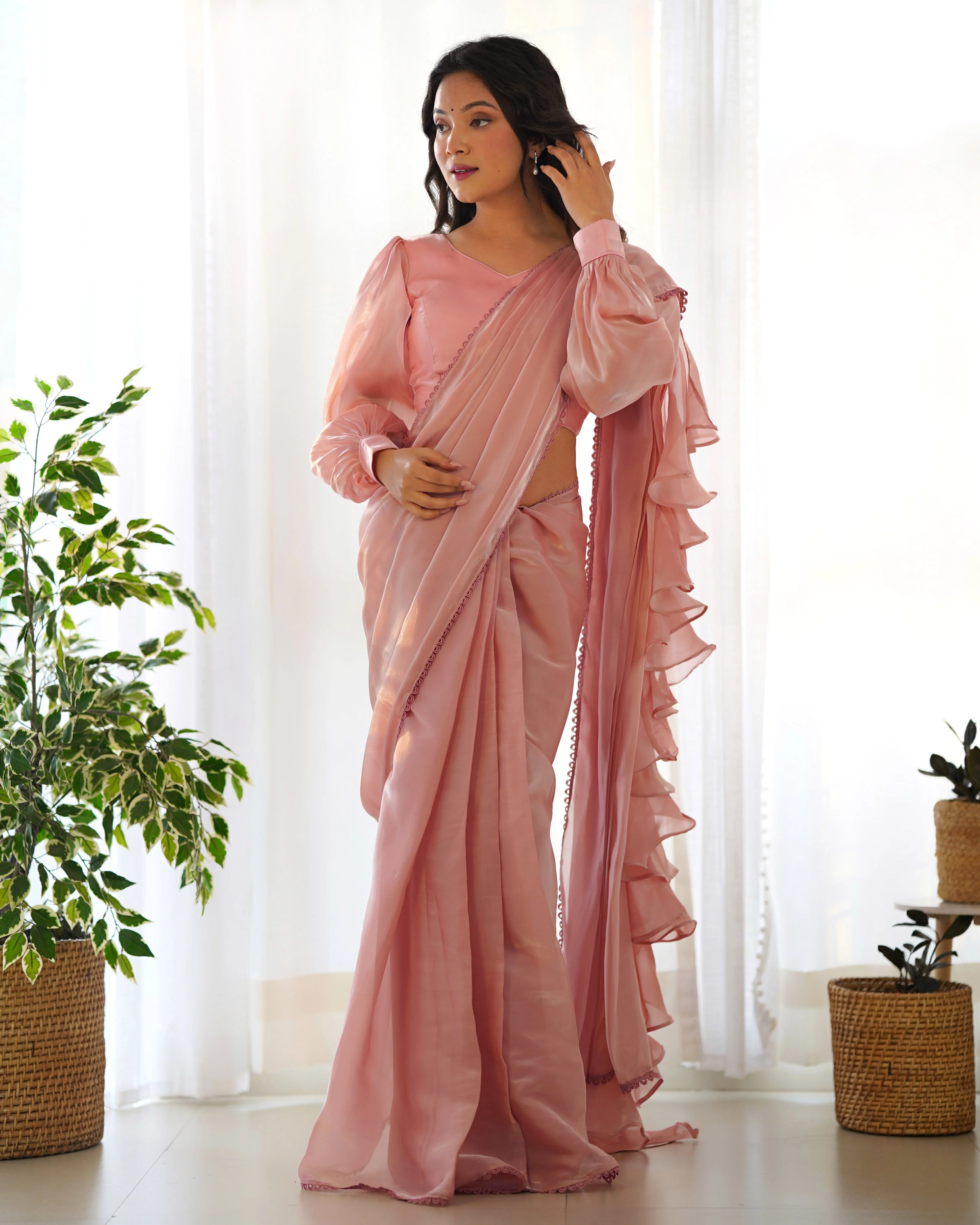 Peach With Premium Quality Jimmy Choo Organja Saree - Image 5