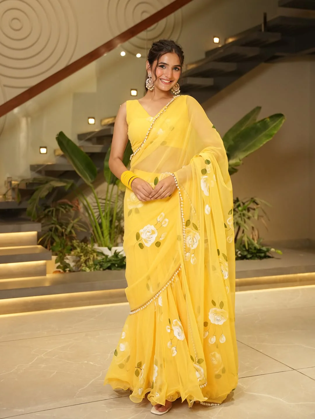 Yellow Pre-Draped Saree - Image 3