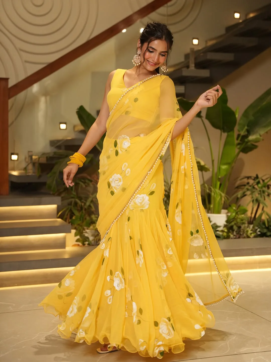 Yellow Pre-Draped Saree - Image 5